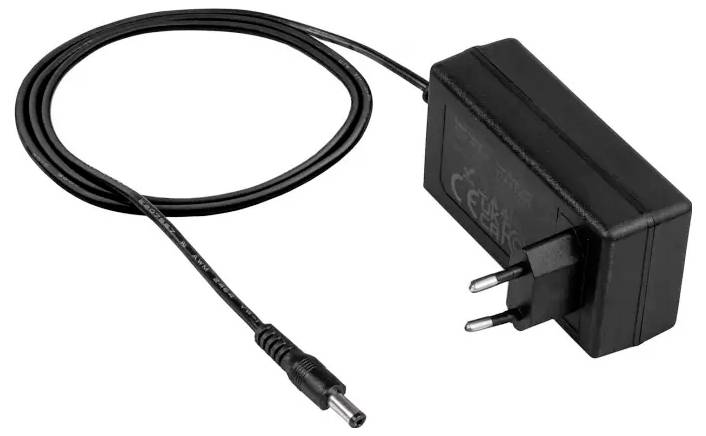 Black power adapter with Euro plug and long cable. Suitable for charging electronic devices.