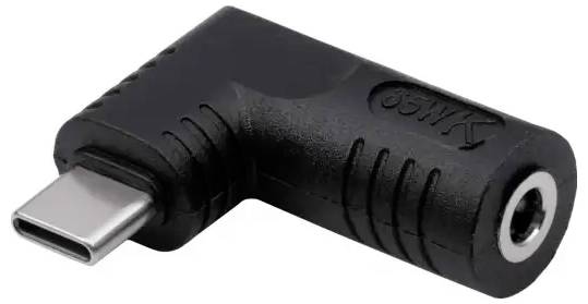 Black right-angled adapter; one side USB-C plug, other side 3.5mm audio jack. For connecting headphones to USB-C devices.
