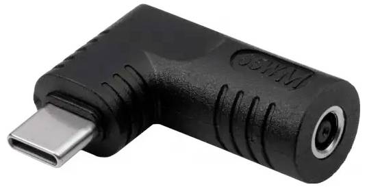A black 90-degree angle adapter with a USB-C connector on one side and a 3.5mm headphone jack on the other side.