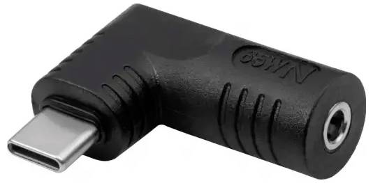 An L-shaped adapter with USB-C connector and 3.5 mm headphone jack, commonly used for headphone connections on USB-C devices.