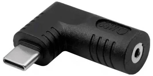 Right-angle adapter from USB-C plug to 3.5mm jack socket, black. Ideal for space-saving audio connections.