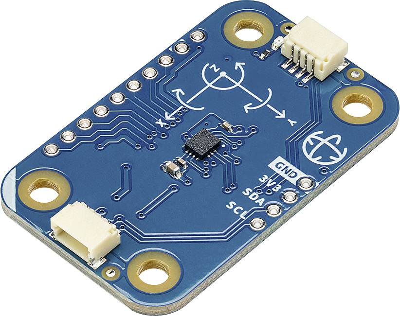 A blue circuit board with electronic components, connection points, and white markings for attaching to other devices.