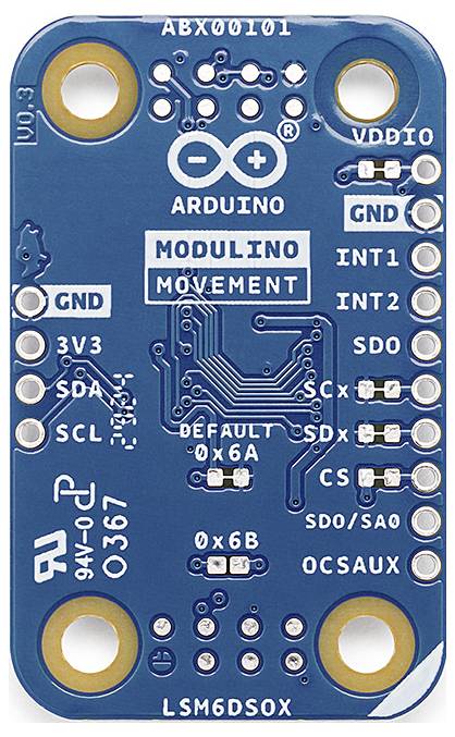A blue Arduino module for motion sensing, labelled 'MODULINO MOVEMENT', displaying connections and circuitry.