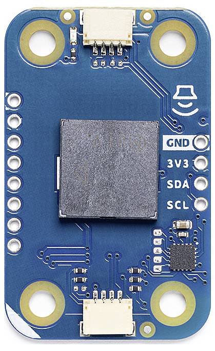 A blue rectangular electronic module with multiple connectors. At the top, the markings read 'GND', '3V3', 'SDA', 'SCL'.