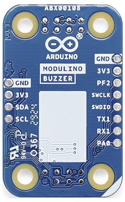 A blue Arduino module board with the inscription 'ARDUINO MODULINO BUZZER' and multiple pin connections for GND, 3V3, SDA, SCL, etc.