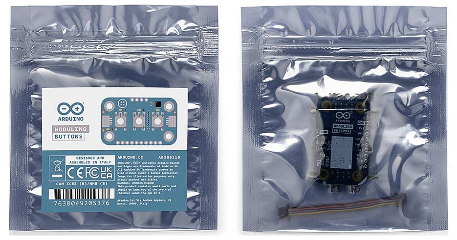 Front and back of the Arduino module packaging. Front shows a diagram of the module, back shows module view through clear film.