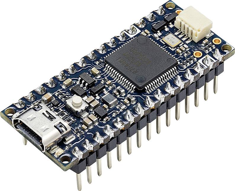 A microcontroller board with a USB port and multiple pins; often used for controlling electronic projects or prototypes.