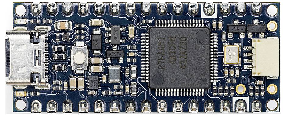 Microcontroller board with USB port, multiple small components, and a central, square chip.