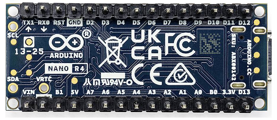 Microcontroller board with the inscription 'Arduino Nano R4', various connectors and logos for type approvals.