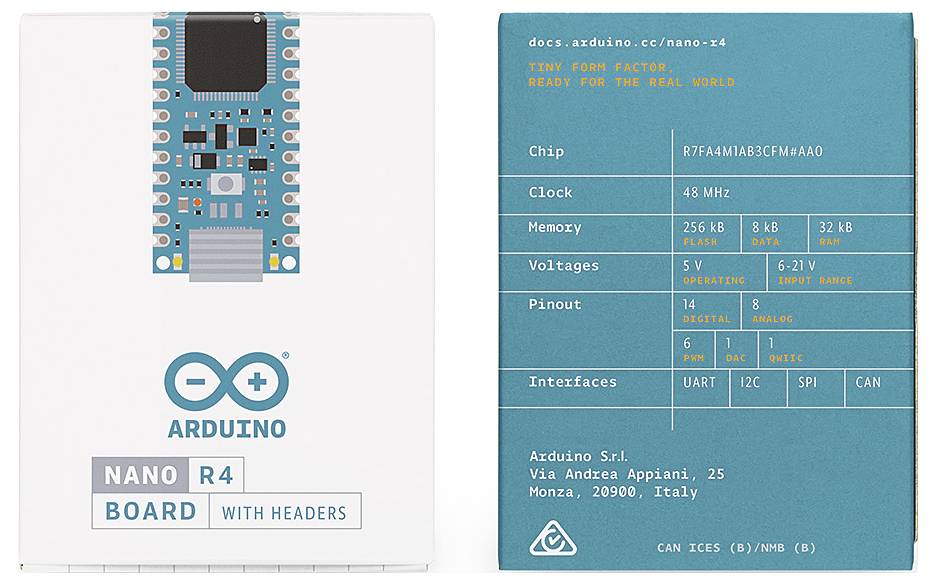Arduino Nano R4 packaging shows specifications: 48 MHz chip, 256 kB memory, 6-21V voltage, 18 pins.
