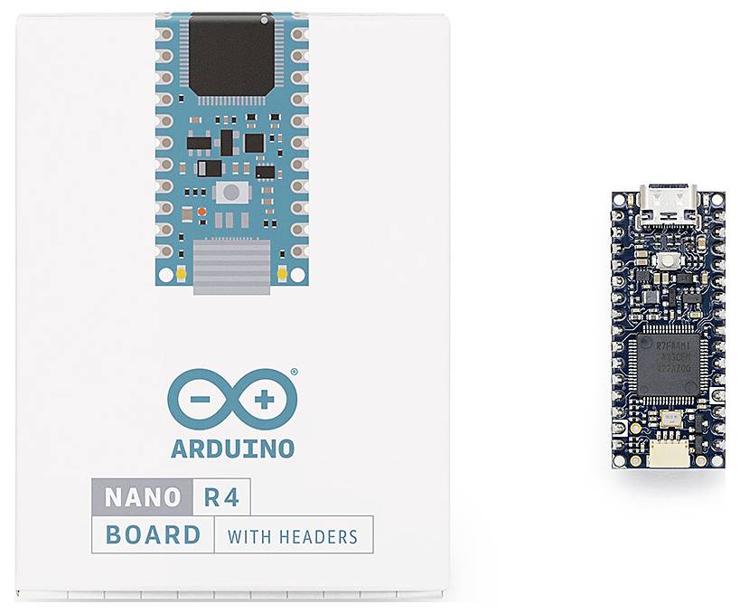 Arduino Nano R4 Board with packaging. The packaging displays an illustration of the circuit board, which is positioned to the right.