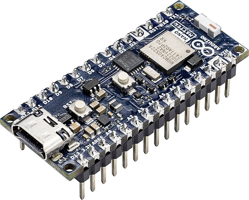 A close-up of an Arduino microcontroller with visible pins and circuit components.