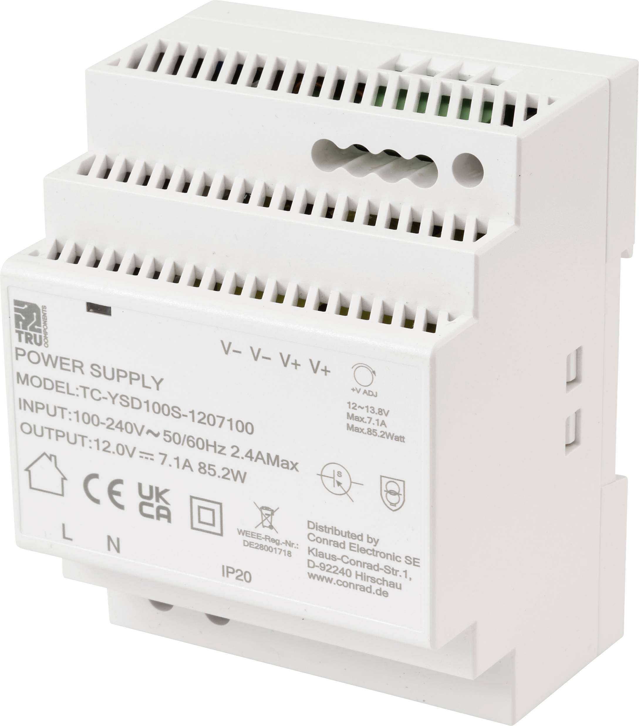 A white electronic power supply unit labeled 'Model: TC-YSD100S-1207100', with inputs of 100-240V and outputs of 12V, 7.1A.