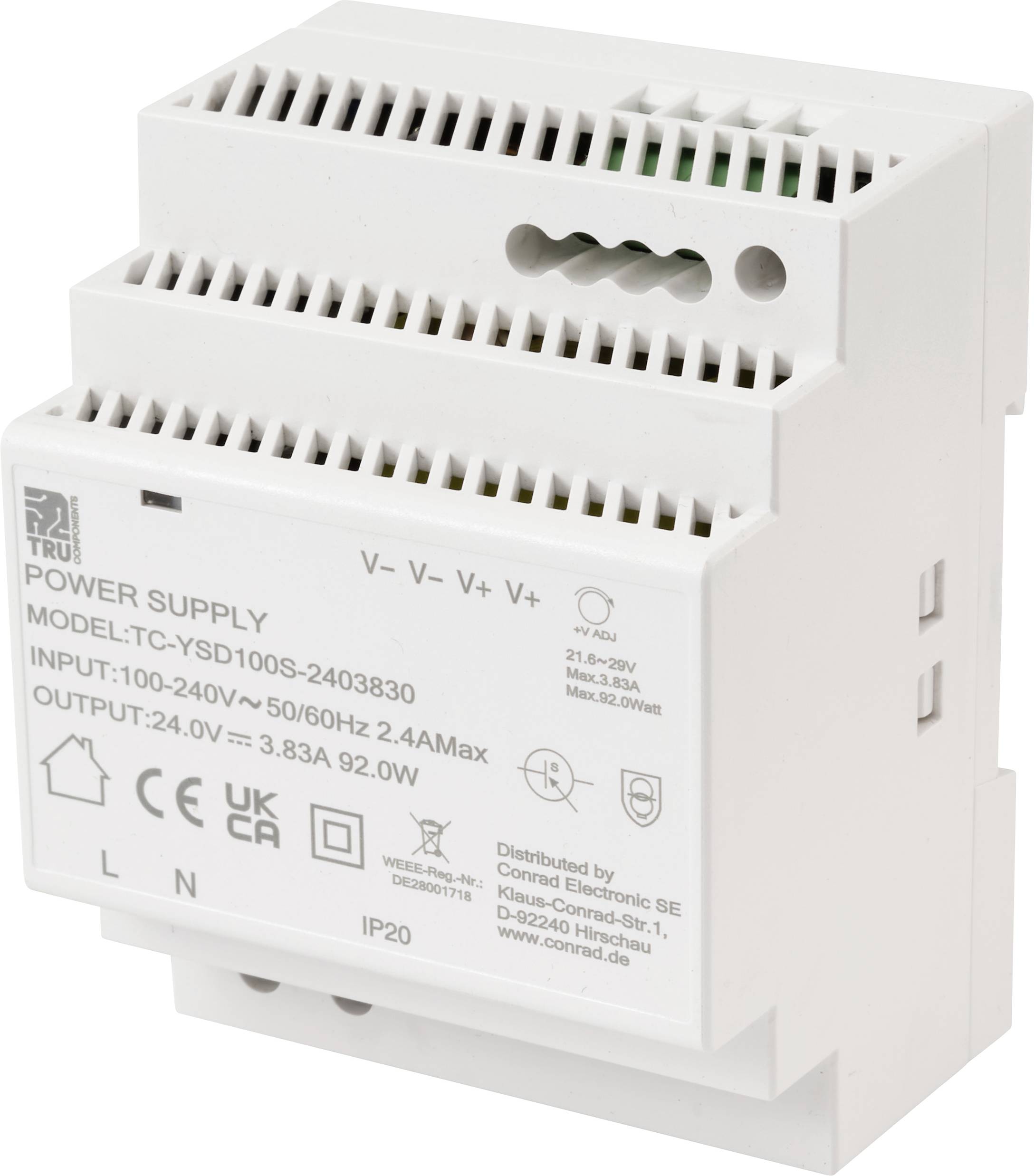 'Power Supply' unit, model TC-YSD100S-2403830, inputs 100-240V, outputs 24V, 3.83A. White casing with technical symbols and labels.