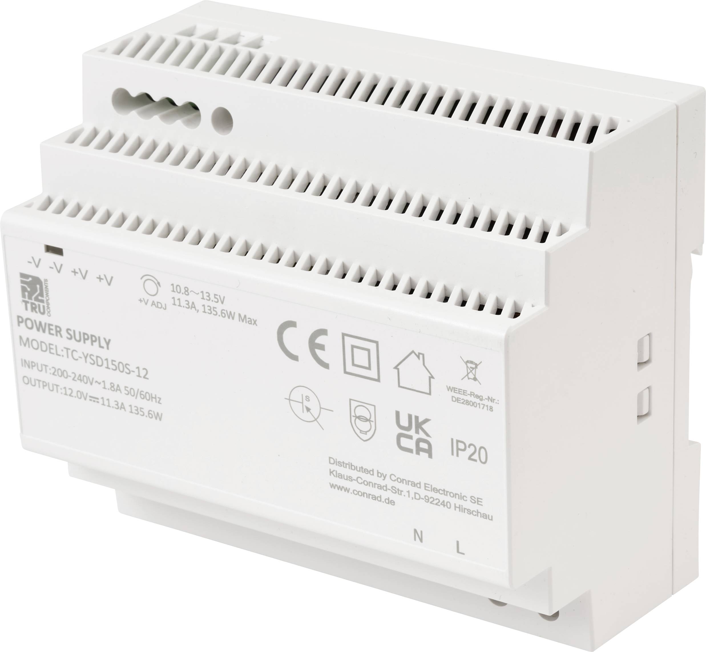 DIN rail power supply, white casing, inputs labeled 'L N', outputs '+V -V', specifications printed on side, CE and UKCA marked.