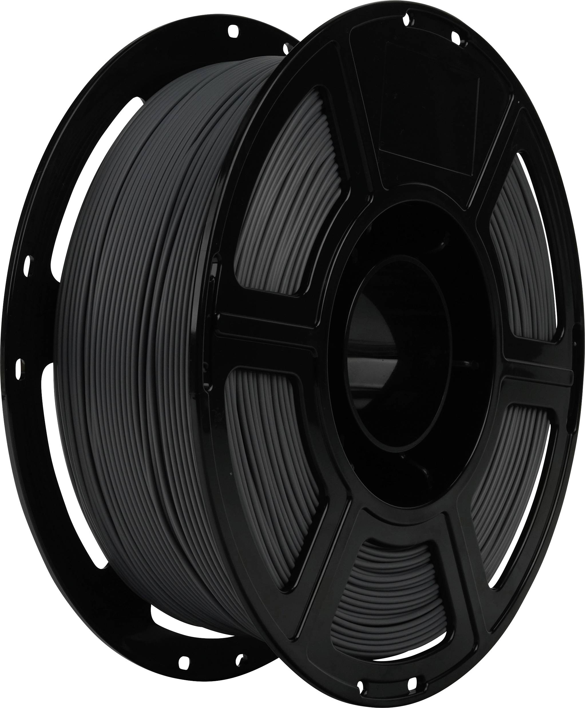 A spool of black 3D printer filament, neatly wound, used for creating 3D-printed objects.