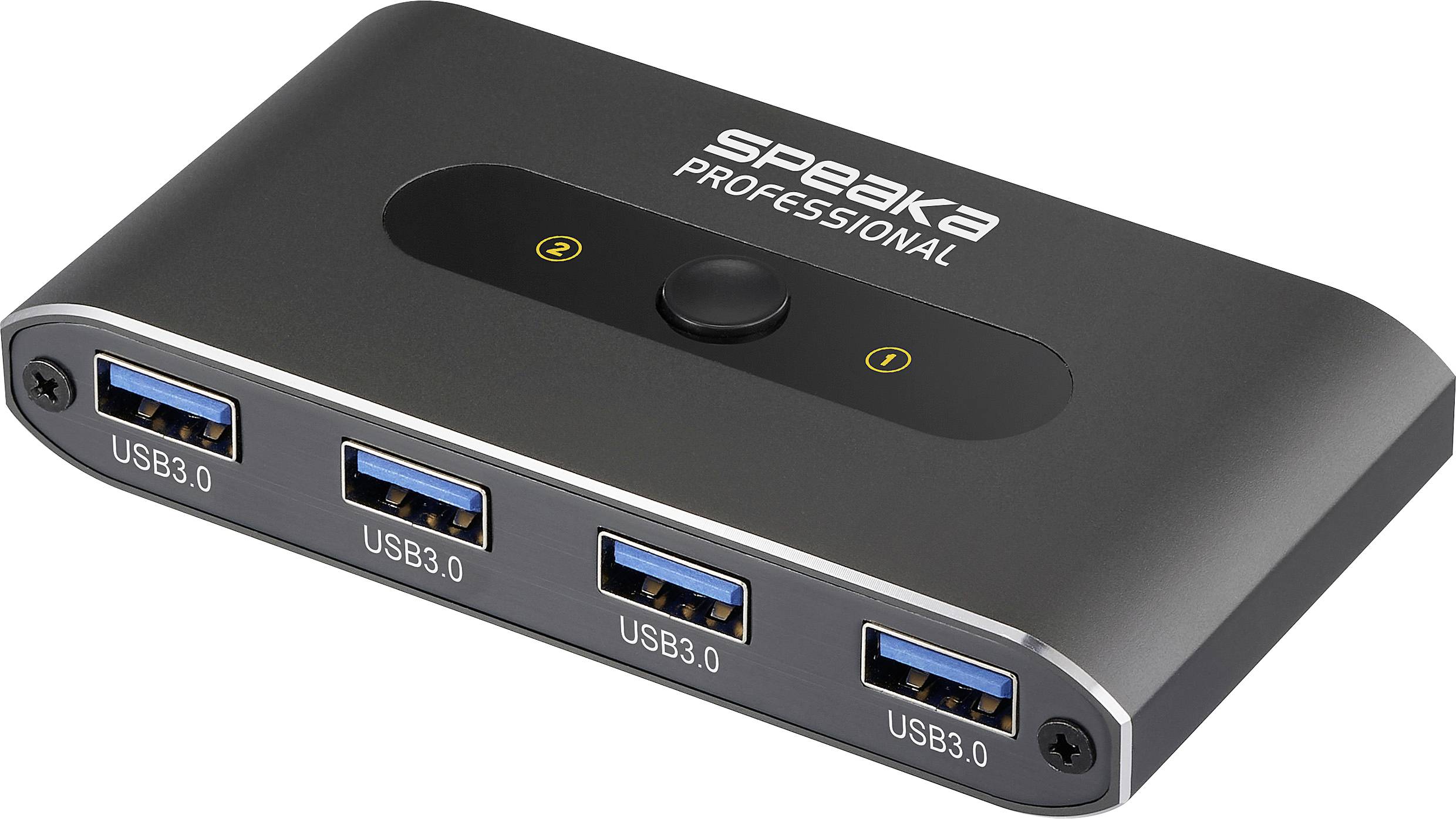 Four-port USB 3.0 hub by 'Speaka Professional' with a sleek black design, featuring a central power button for easy connectivity management.