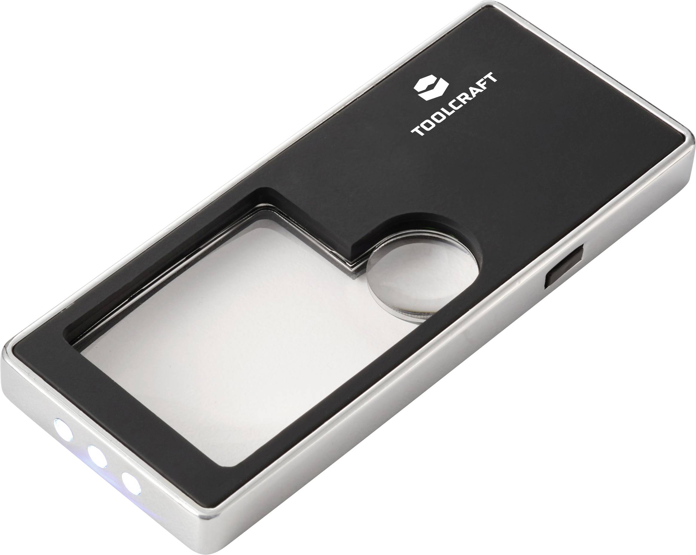 A rectangular LED magnifying glass with a black cover and silver edges. The brand name 'TOOLCRAFT' is printed on the top right.