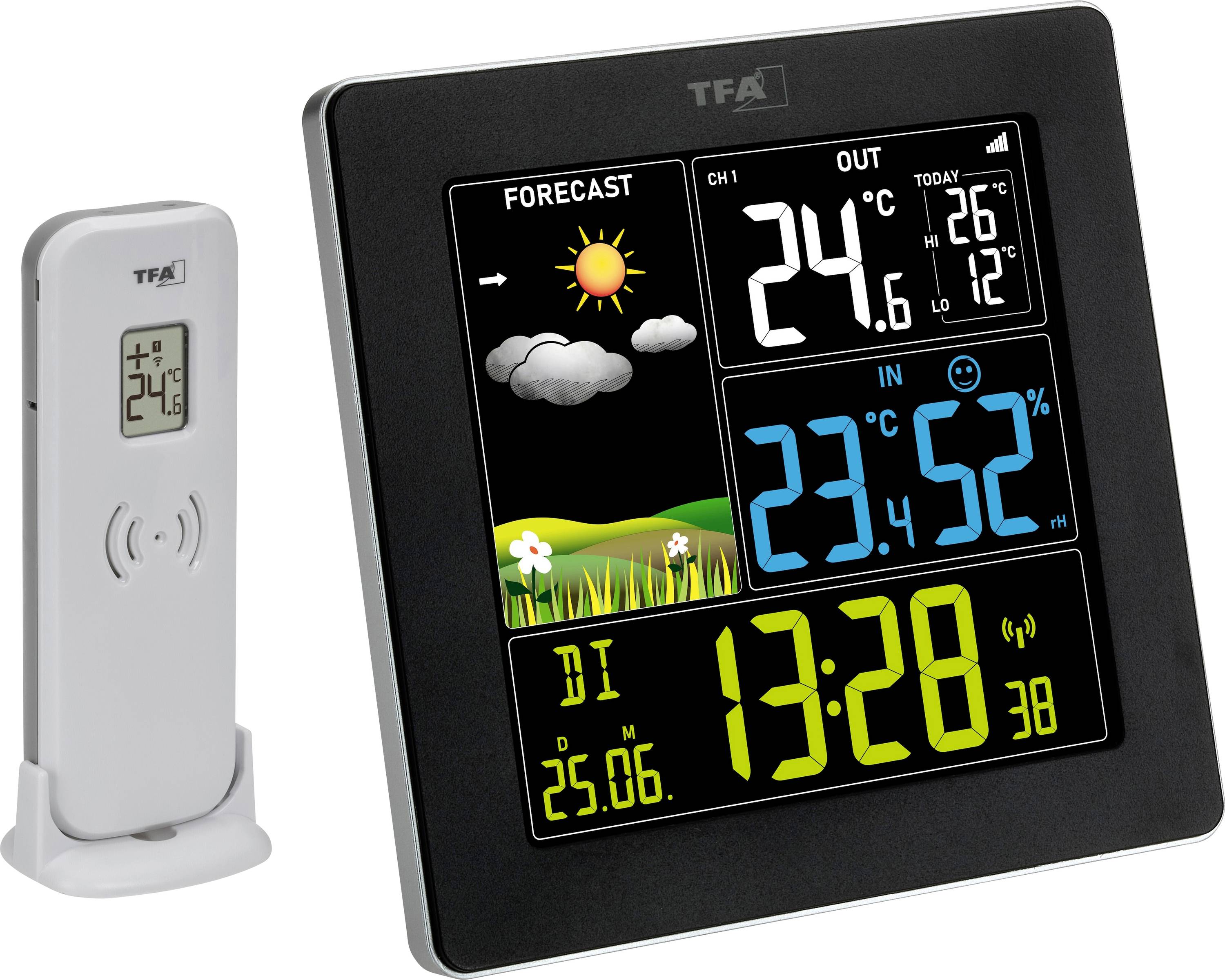 Digital weather station display shows indoor and outdoor temperature, humidity, weather forecast with sun and clouds, date and time.
