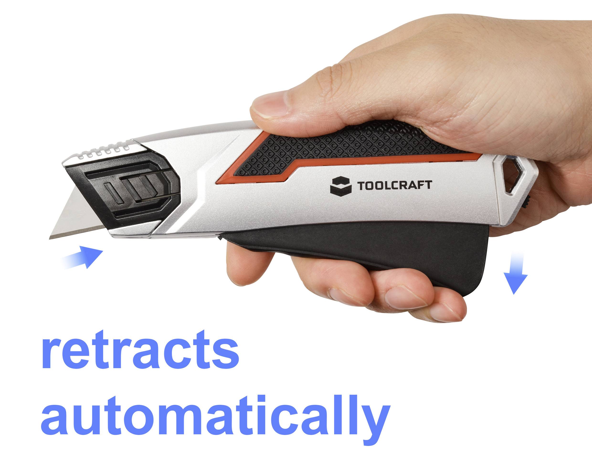 A hand holds a utility knife with a retractable blade. The text reads 'retracts automatically,' highlighting the safety feature.