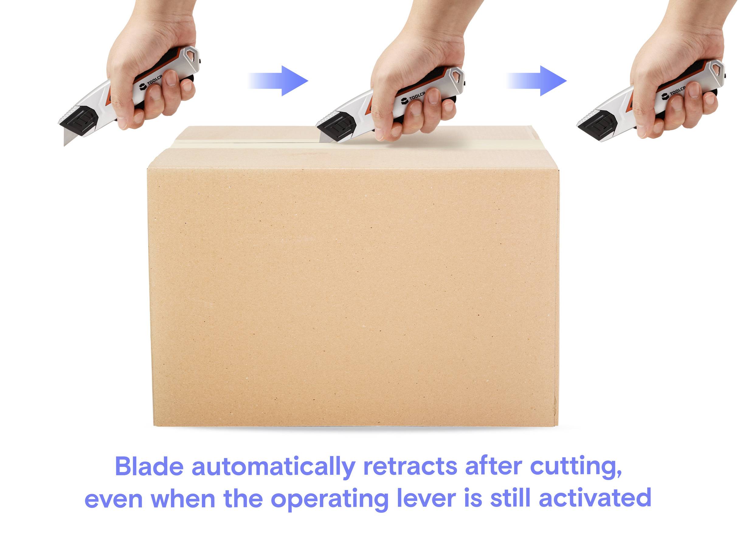 Hands using a utility knife to cut a box; arrows show motion sequence. Text reads 'Blade automatically retracts after cutting.'