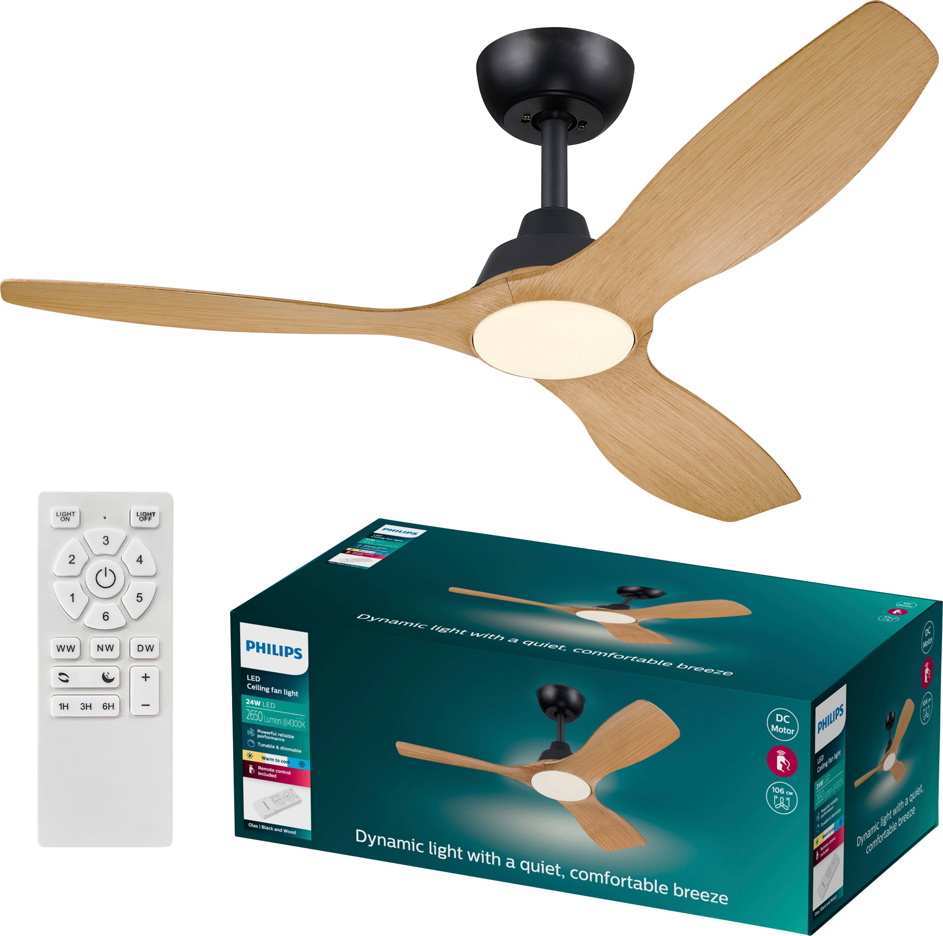 Ceiling fan with three wooden blades, integrated LED light and remote control, shown on its packaging.