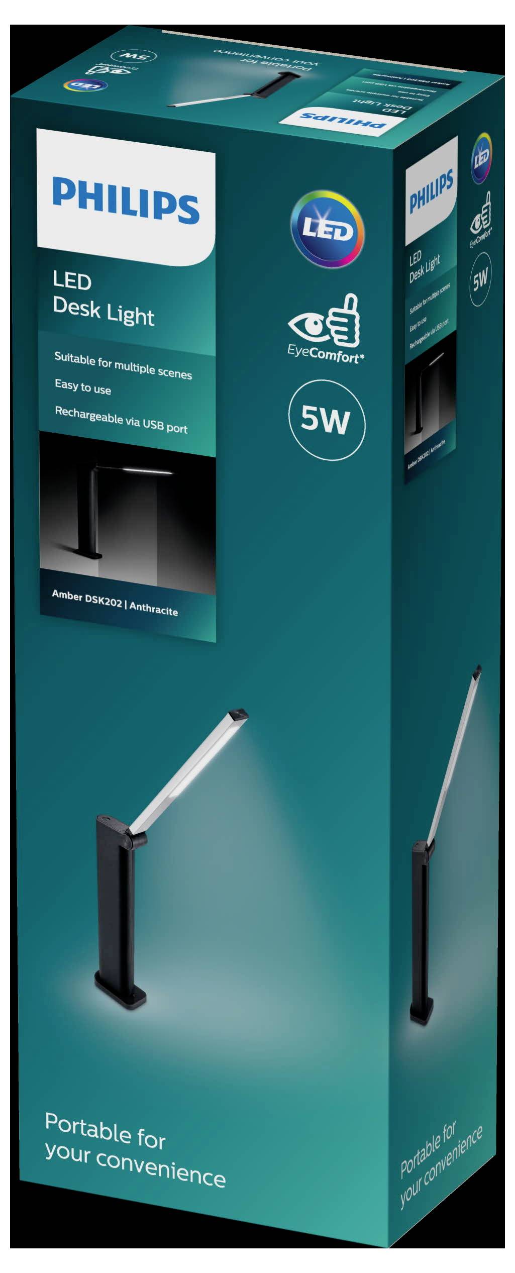 A package of Philips LED desk lamp, 5W. Features: EyeComfort technology, USB port, suitable for various scenarios.