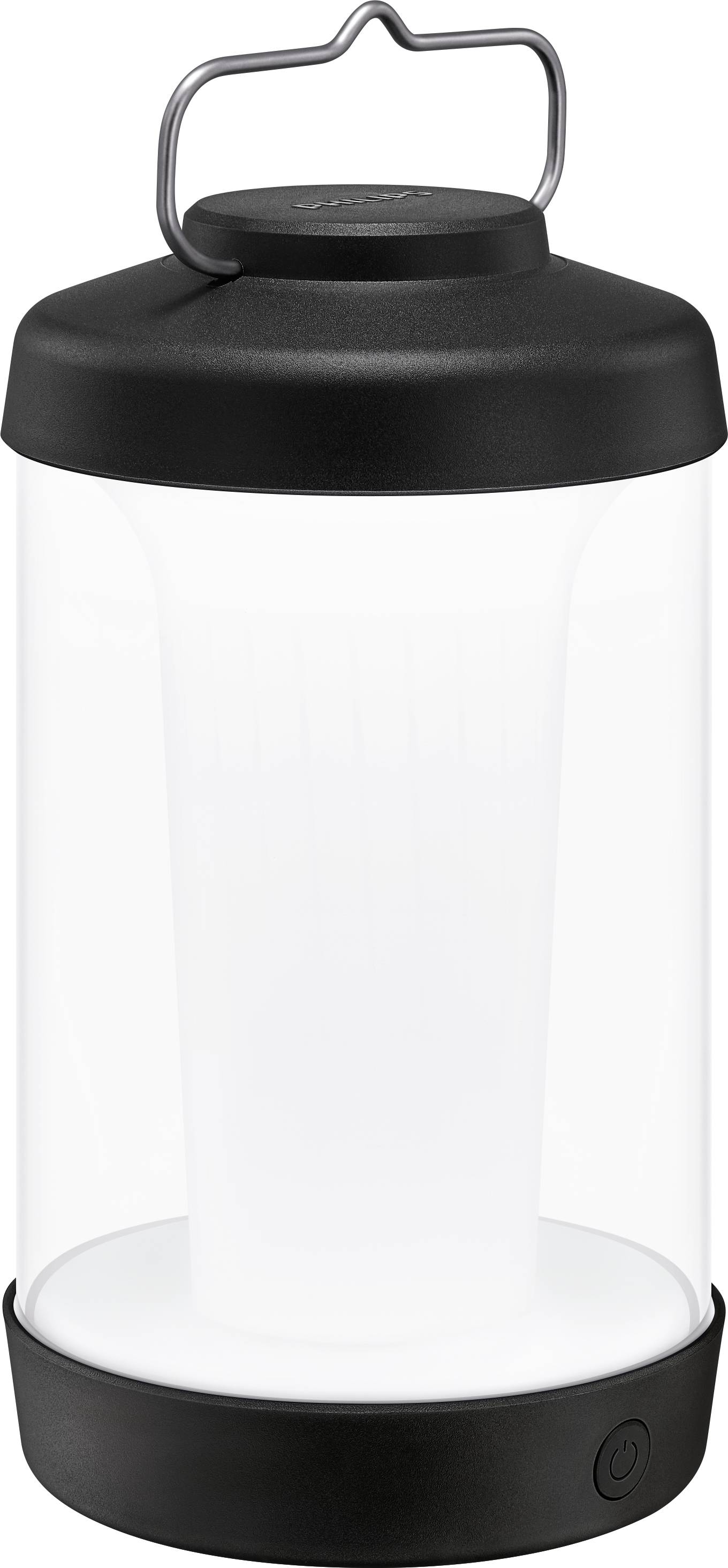 Black portable lantern with white light and bail handle, suitable for camping and outdoor activities.