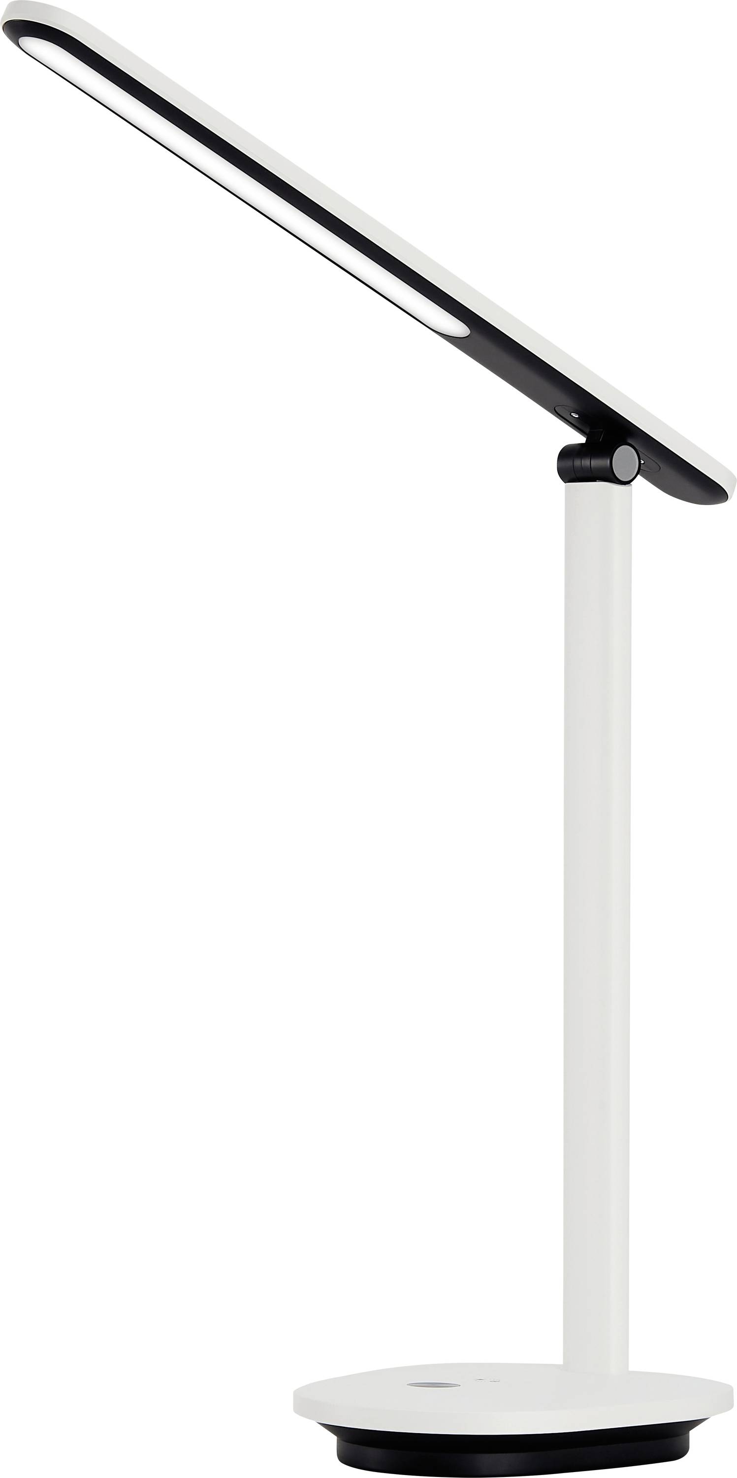 Sleek white desk lamp with swiveling head on round base, minimalist design for modern interior.