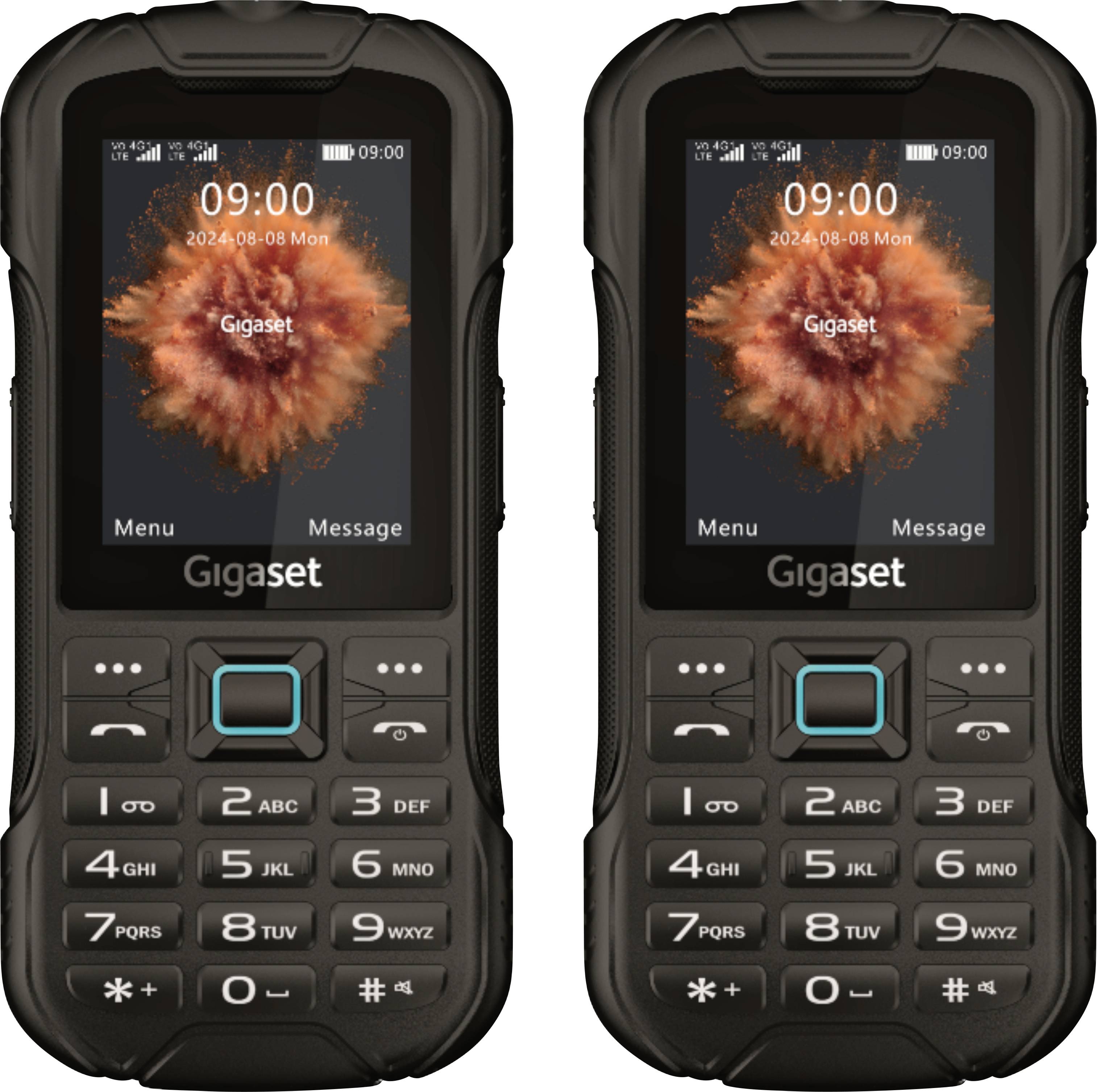 Two rugged black mobile phones with LCD screens displaying '09:00' and 'Gigaset'. Phones have physical keypads and identical designs.