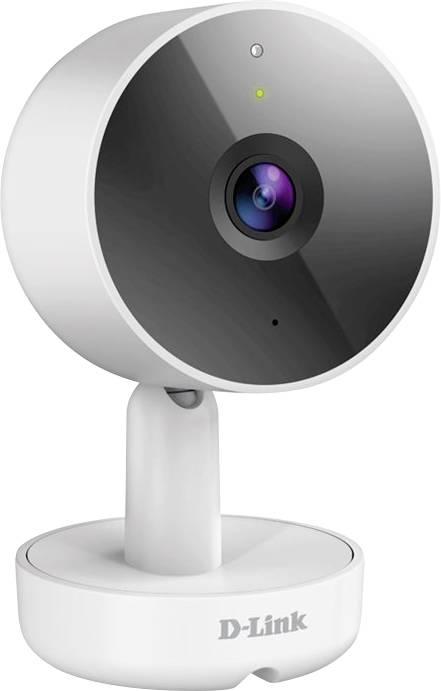 A white D-Link surveillance camera with a round, black front panel and integrated lens on a stand.