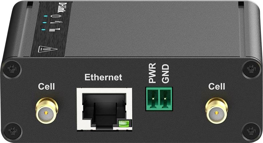 Device with two 'Cell' connections, one Ethernet port and two green 'PWR' and 'GND' connections. Top side shows status LEDs.
