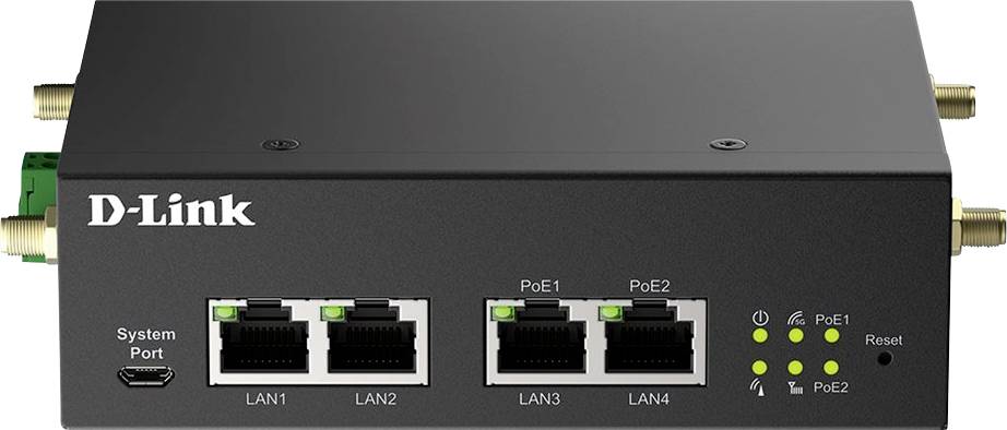 Black D-Link network switch with four LAN ports, two PoE ports, system port and LEDs for status indication.