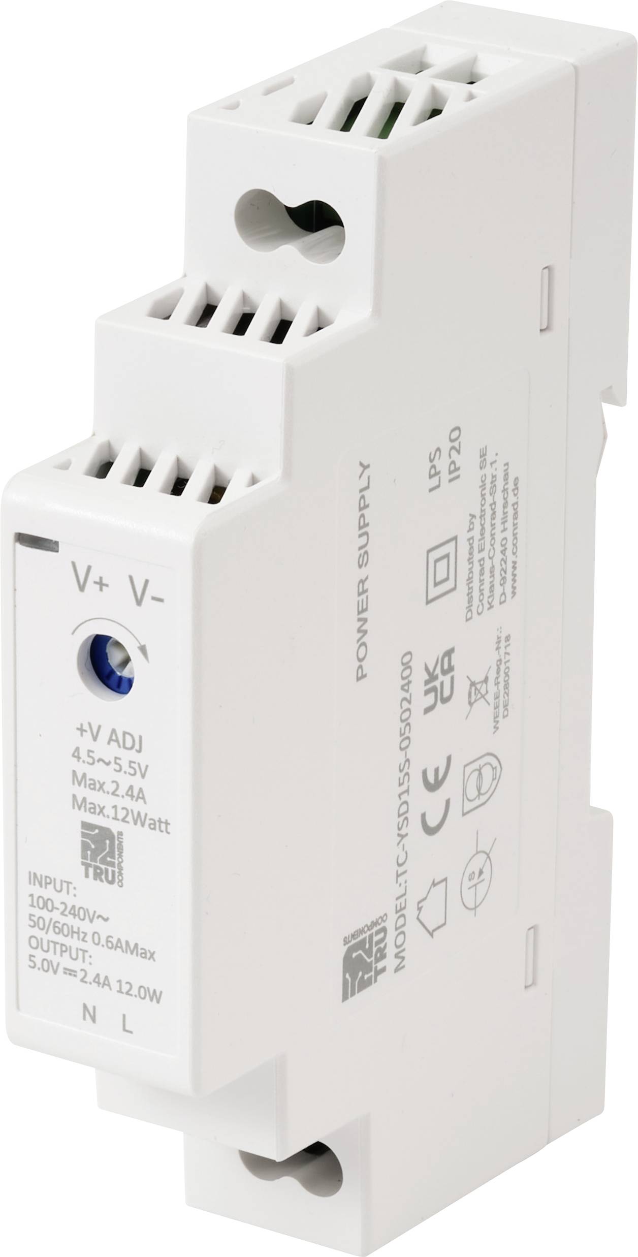 Electrical power supply unit featuring adjustment dials and labeled input-output voltage settings, suitable for DIN rail mounting.