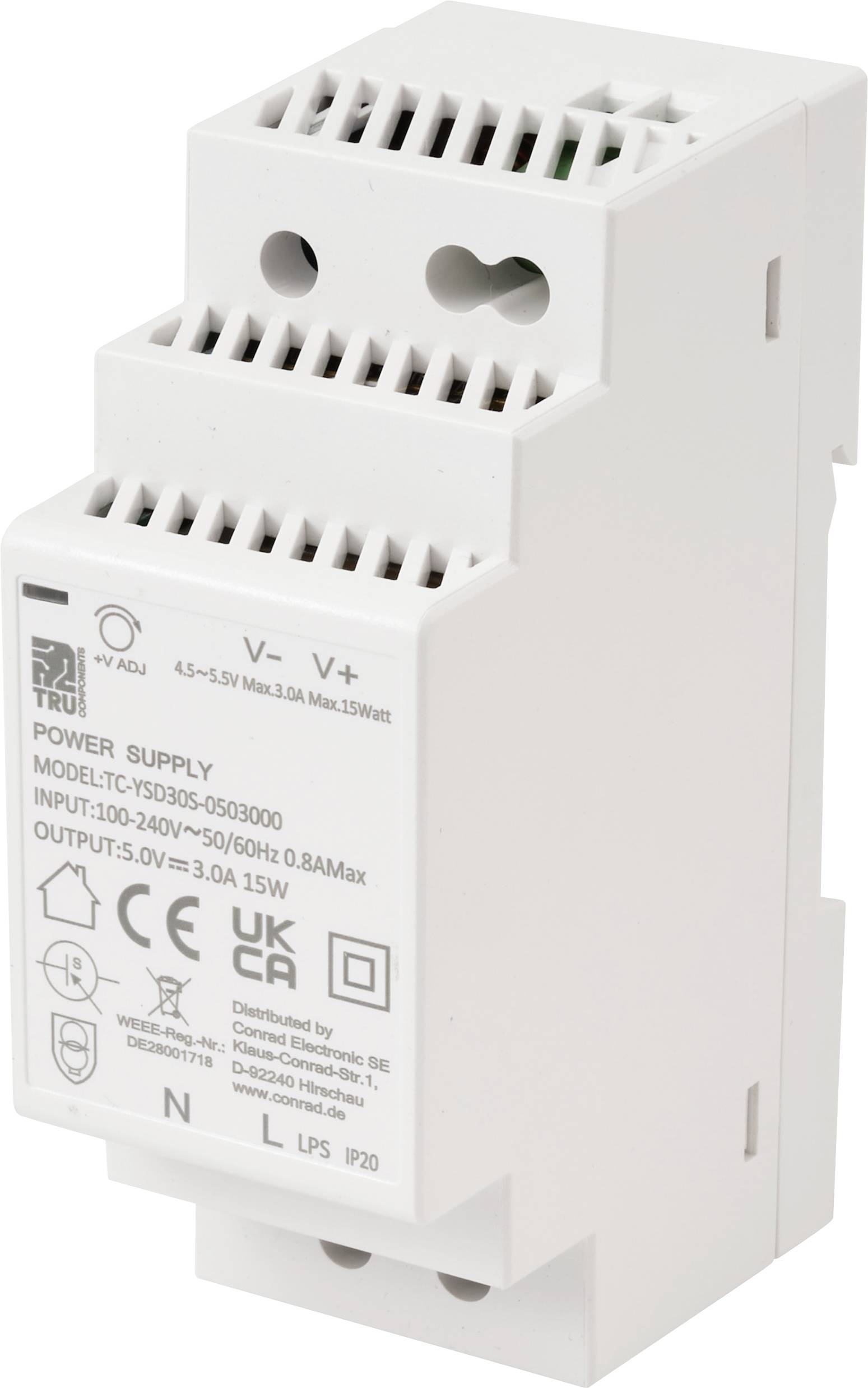 A white power supply unit labeled 'POWER SUPPLY MODEL TC-75D05-0503000', input 100-240V, output 5.0V 3.0A, showing compliance symbols.