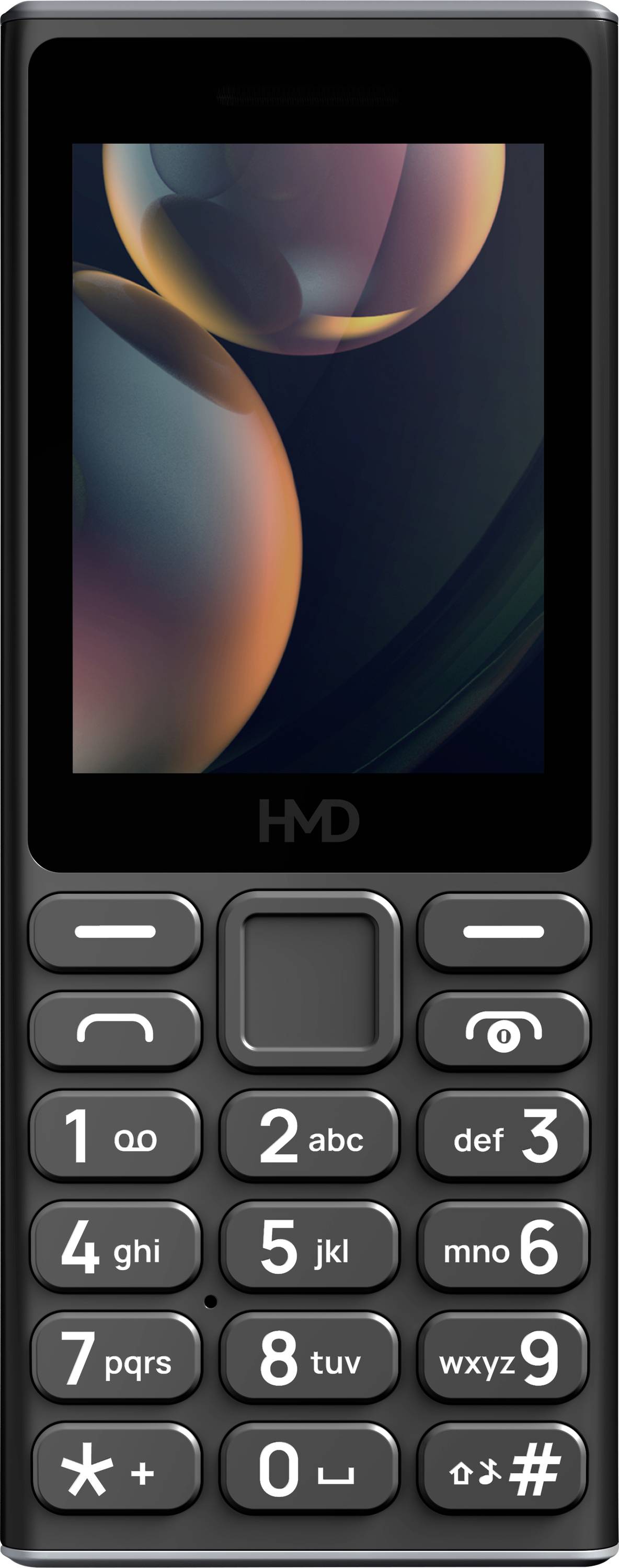 Black keypad phone with a small screen, below it a keyboard with number and function keys.