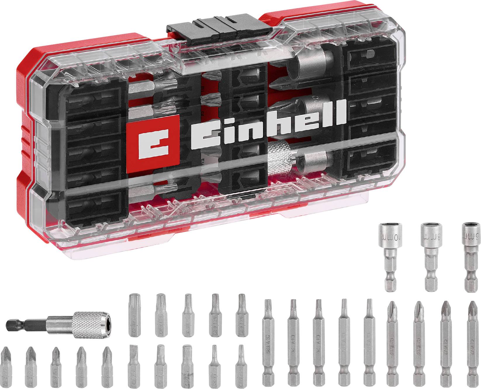 Einhell screwdriver set with red and transparent case, consisting of various bits and a magnetic bit holder for versatile applications.