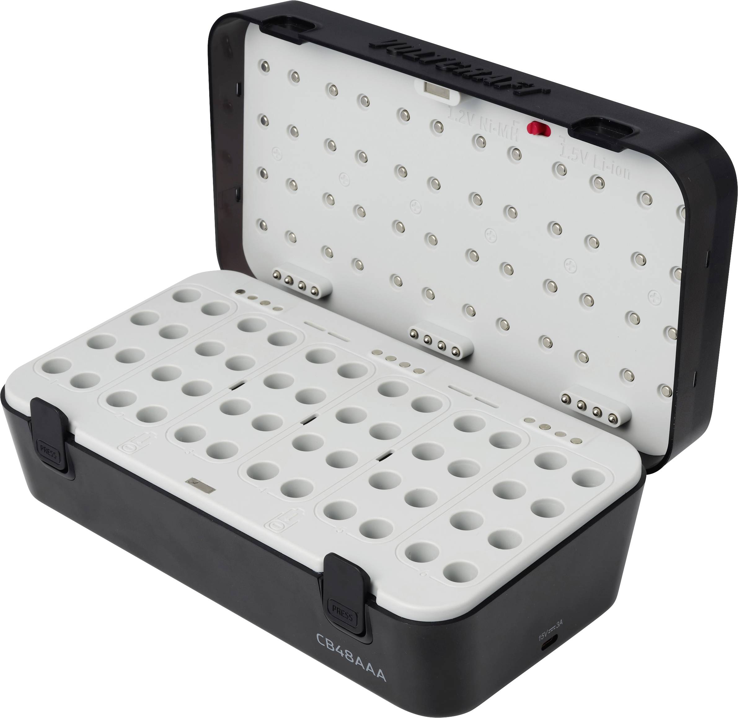 Open black and white battery organizer case with many slots for AA and AAA batteries