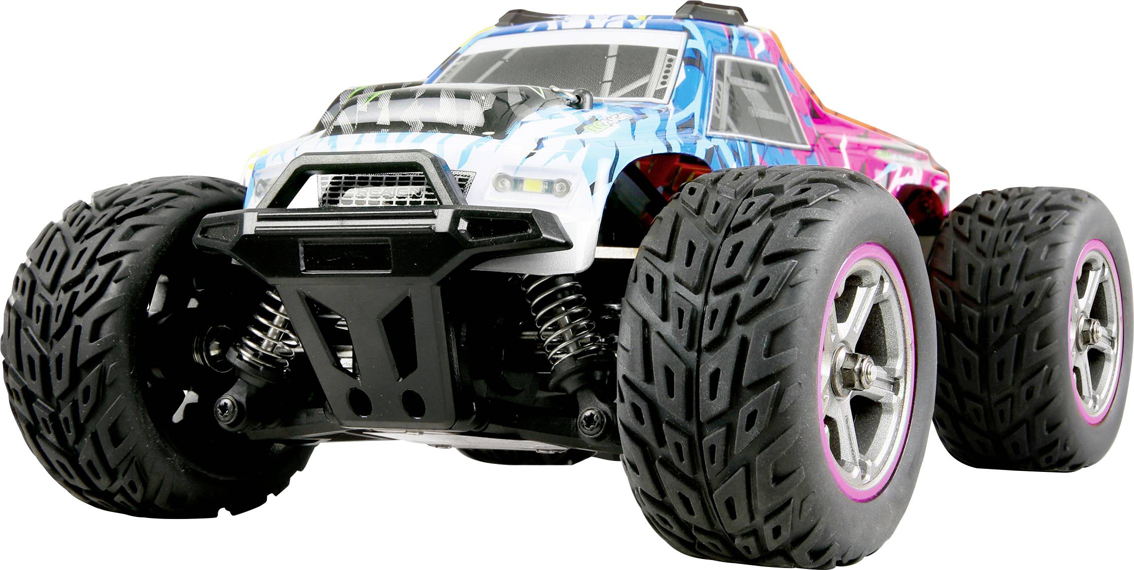 Toy car with large tires, colorful body in blue, white and pink. Front view shows details of the shock absorbers and front section.