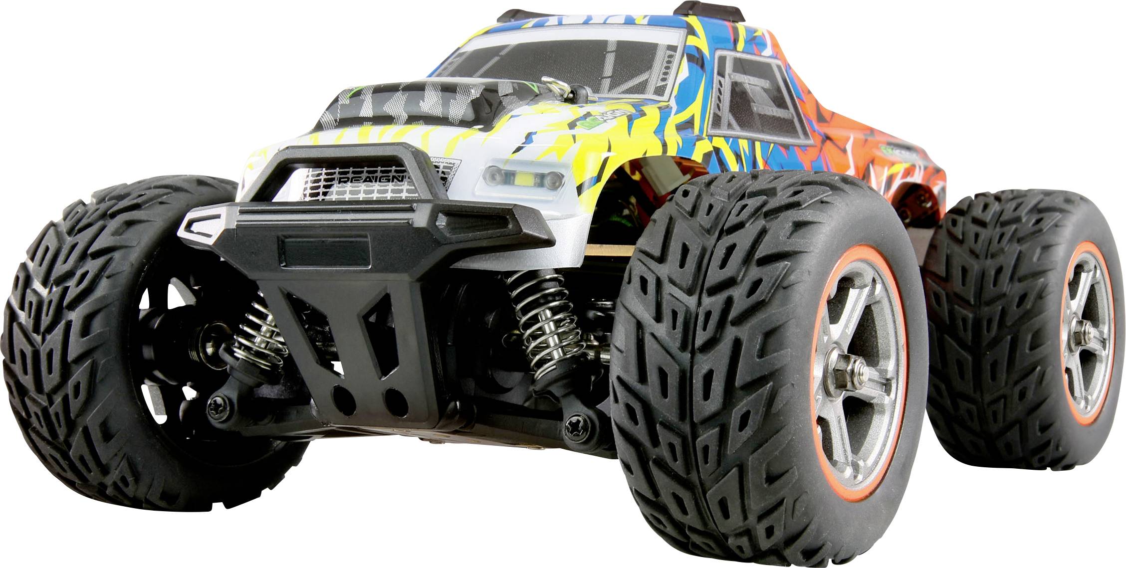 A remote-controlled car with large, robust tires. The vehicle has a colorful, eye-catching design with yellow, blue, and red accents.