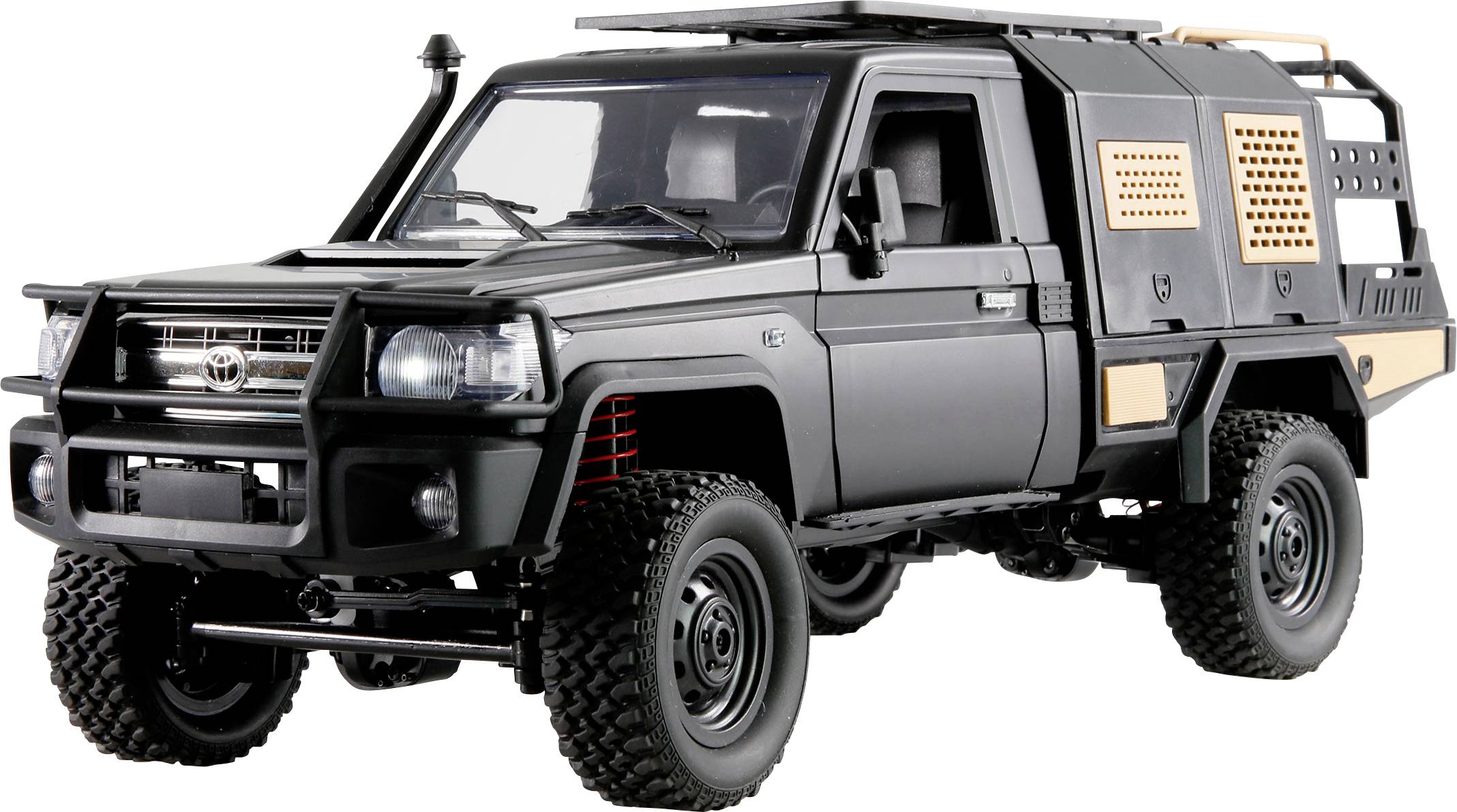 Black off-road vehicle with high ground clearance and reinforced front protection, suitable for off-road operations and adventure tours.