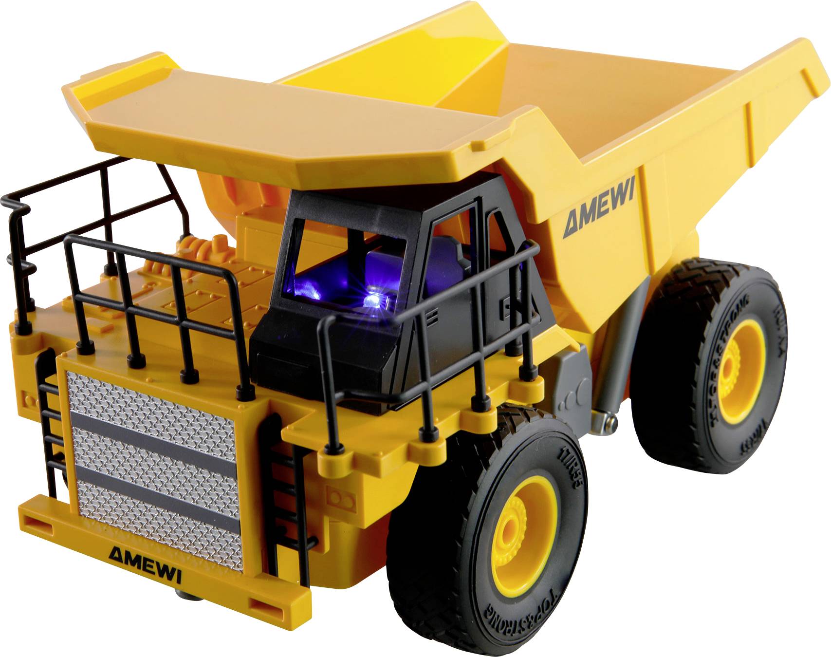 A yellow toy dump truck model with black tires and details. The model has stickers with the text 'Amewi'.