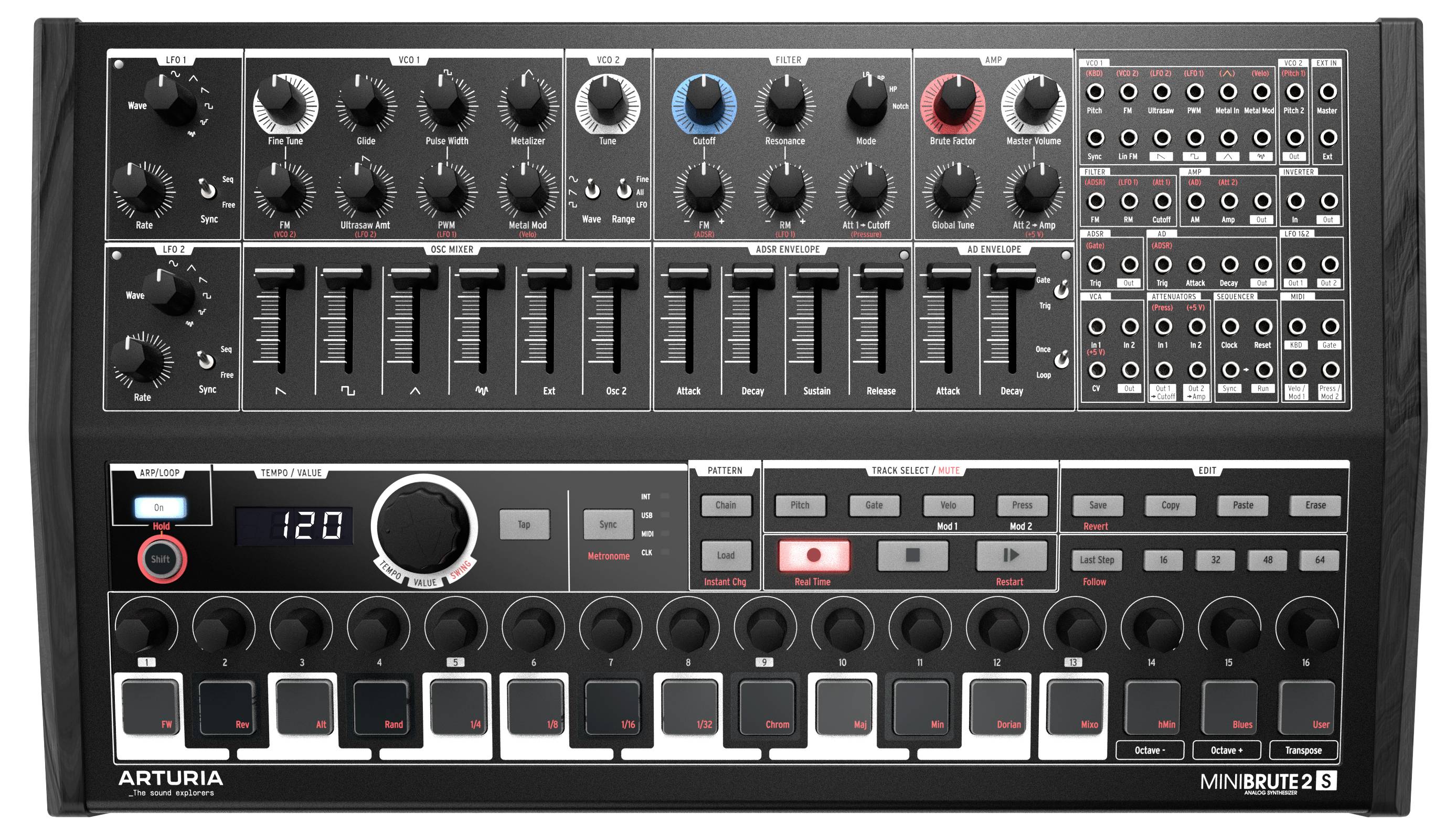 An electronic music device with multiple rotary knobs, sliders and a keypad, suitable for sound processing and music production.