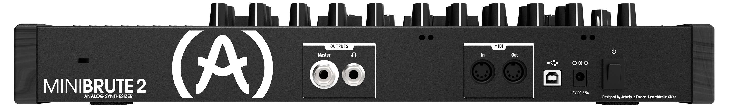 Back of an analog synthesizer with audio connections and controls. Labeled 'MINIBRUTE 2'.
