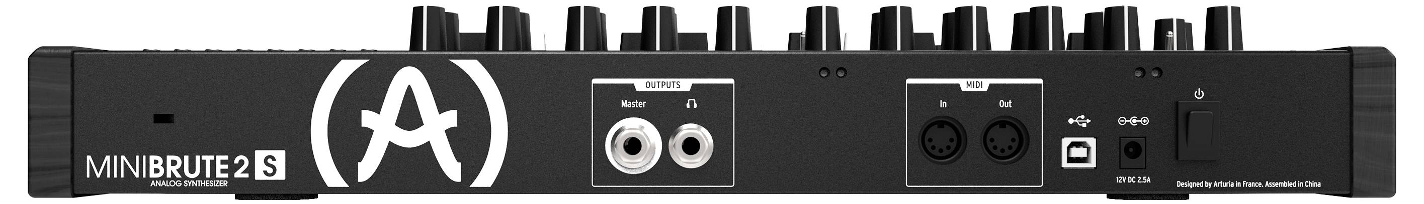 Back of a music synthesizer with various connections and controls. The Arturia logo is visible on the left.