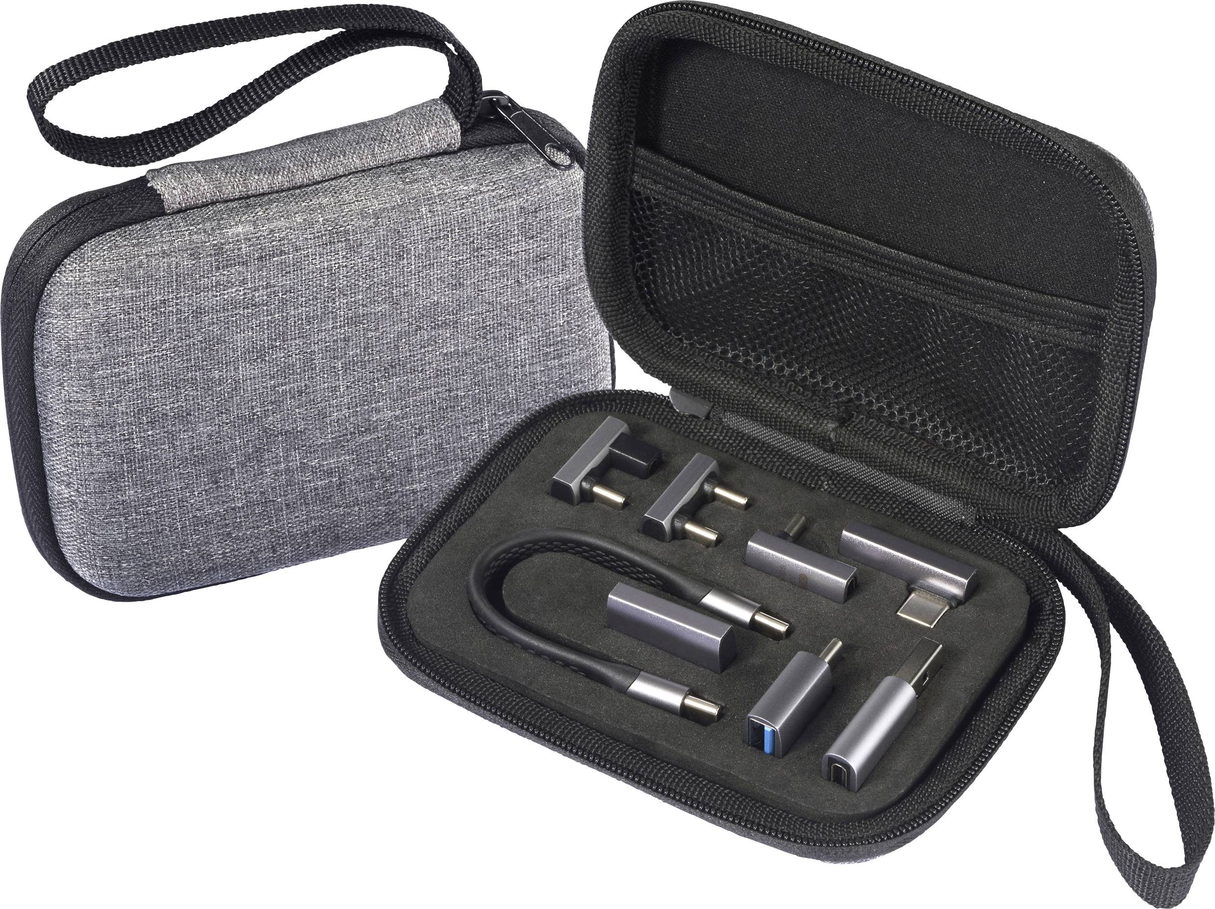 A portable electronics accessory kit includes various adapters and connectors in a zippered gray fabric carrying case with a handle.
