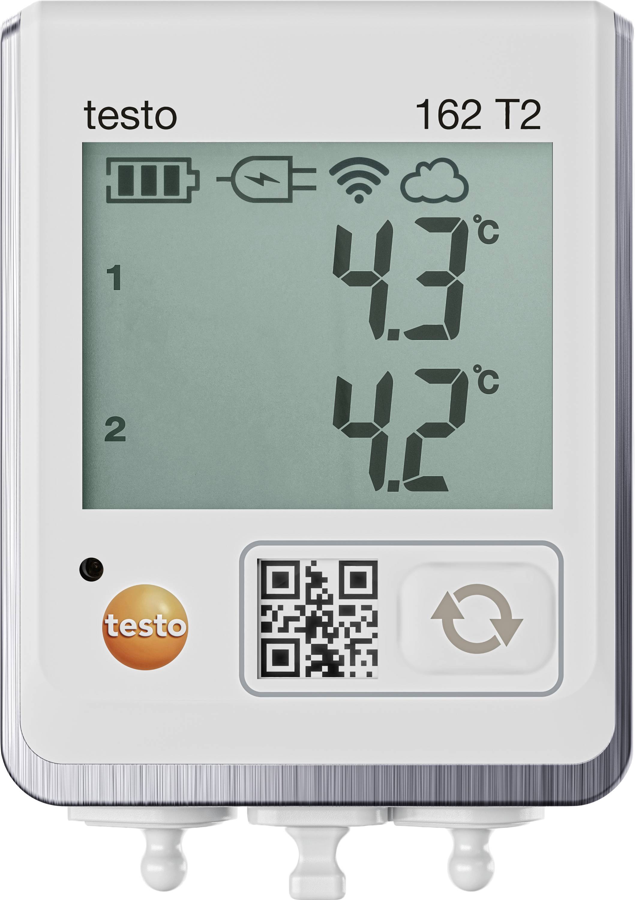 An electronic thermometer displays 4.3°C and 4.2°C. Symbols for battery level, charging cable, WiFi and clouds are visible at the top.