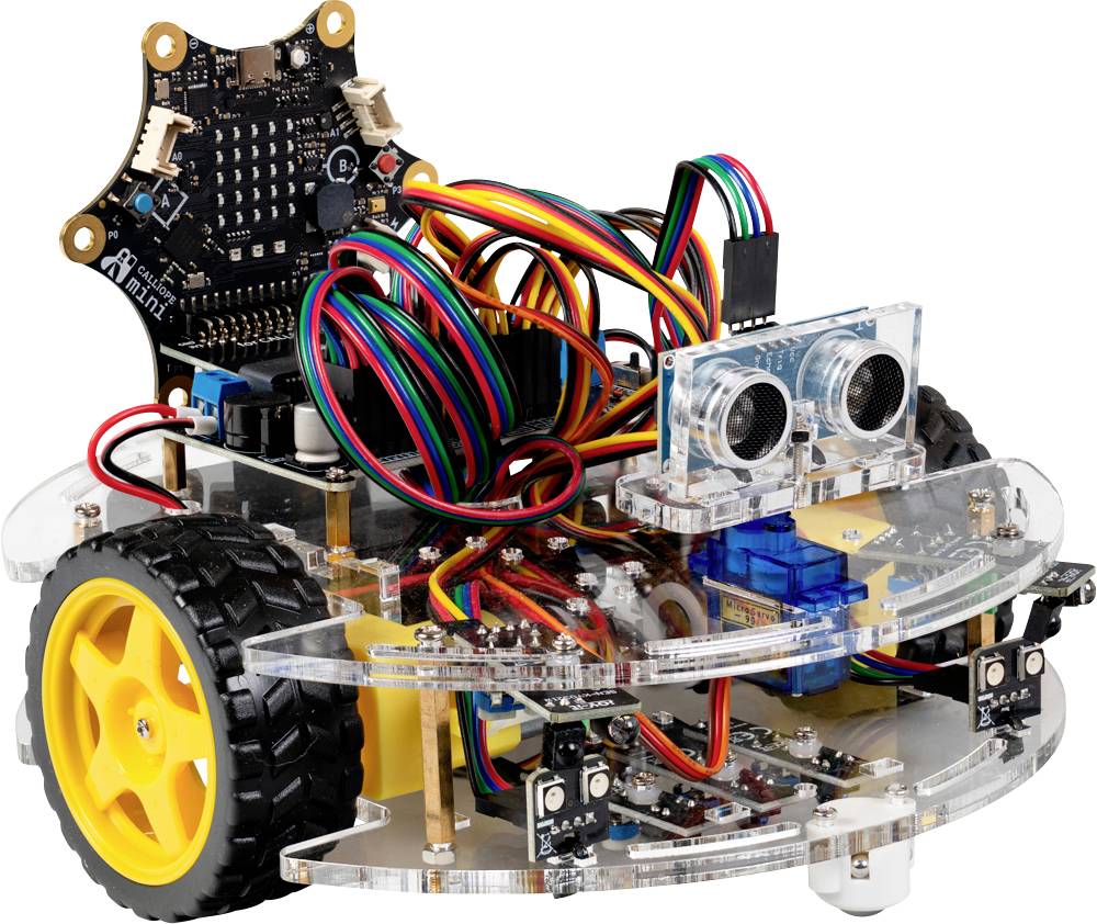 A small wheeled robot with various colorful wires and sensors, likely used for educational or programming purposes.