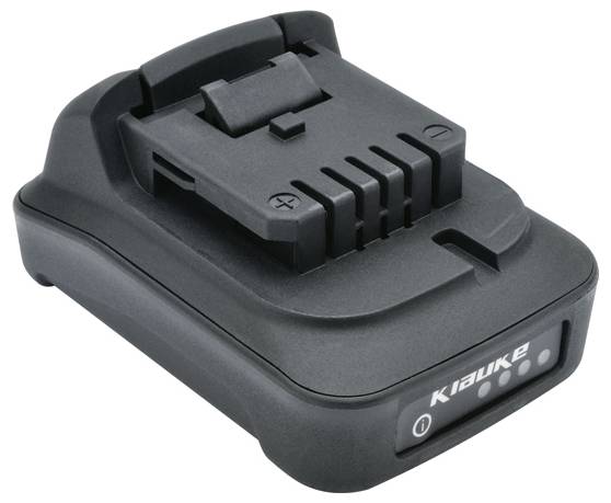 A black lithium battery charger with LED indicators on the front, used for recharging power tool batteries.