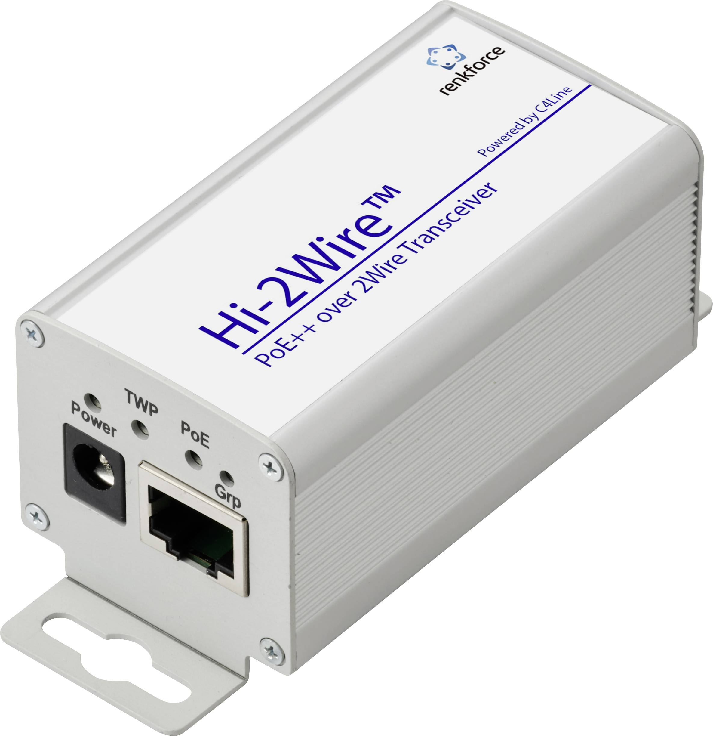 A white Hi-2Wire PoE++ over 2Wire Transceiver by Comtrend with power and network ports, and status indicators on the side.